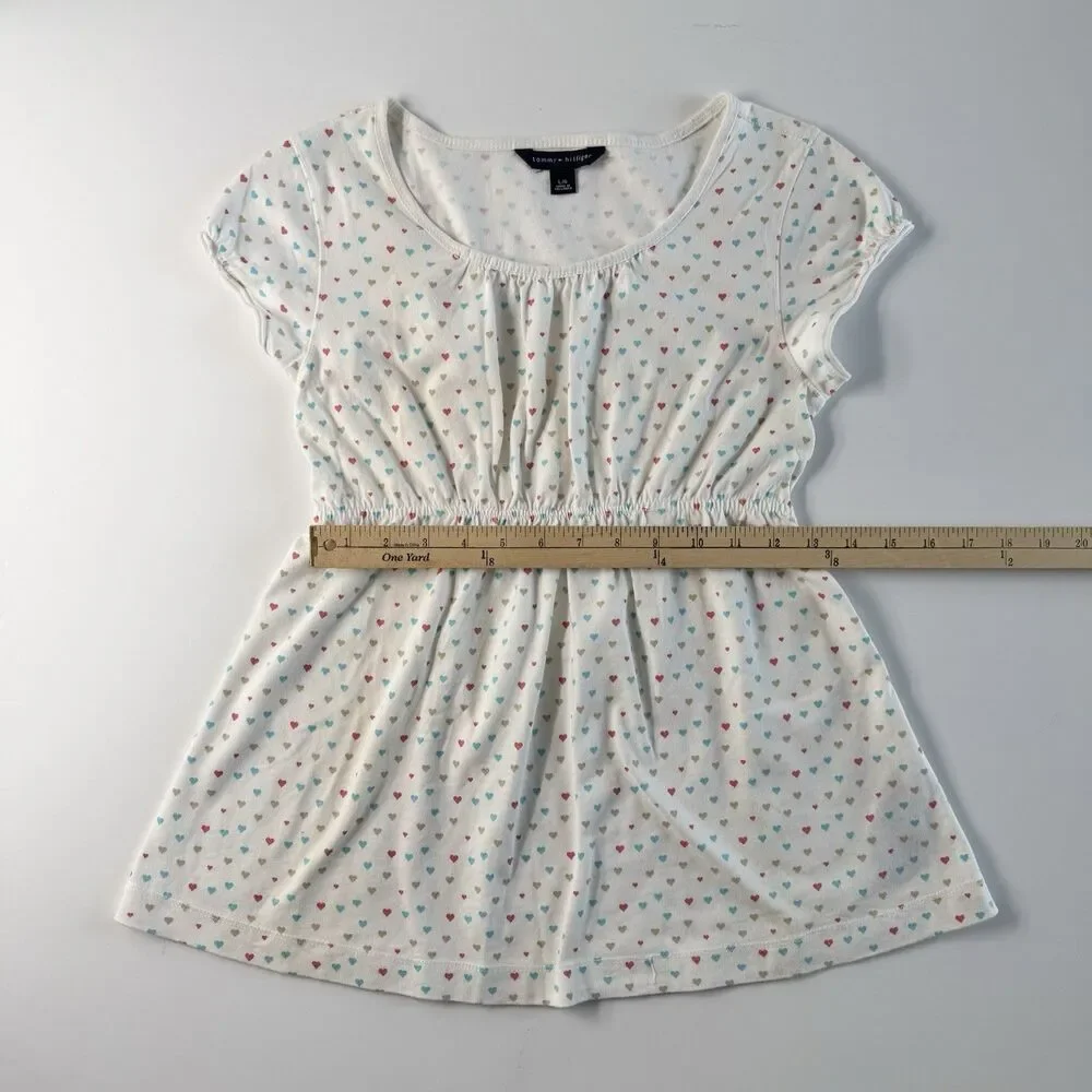 Vintage TOMMY HILFIGER Babydoll Knit Crew Top Girl's Size L White w/Hearts Y2K